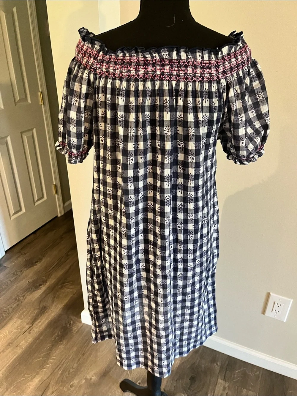 Tuckernuck Navy Gingham Off Shoulder Dress Sz S EUC